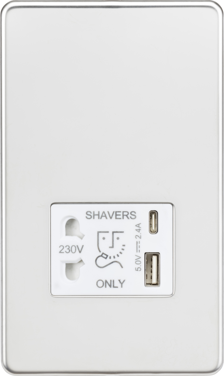 230V Shaver Socket with Dual USB A+C - Polished Chrome
