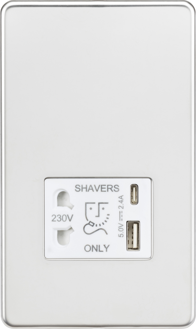 230V Shaver Socket with Dual USB A+C - Polished Chrome