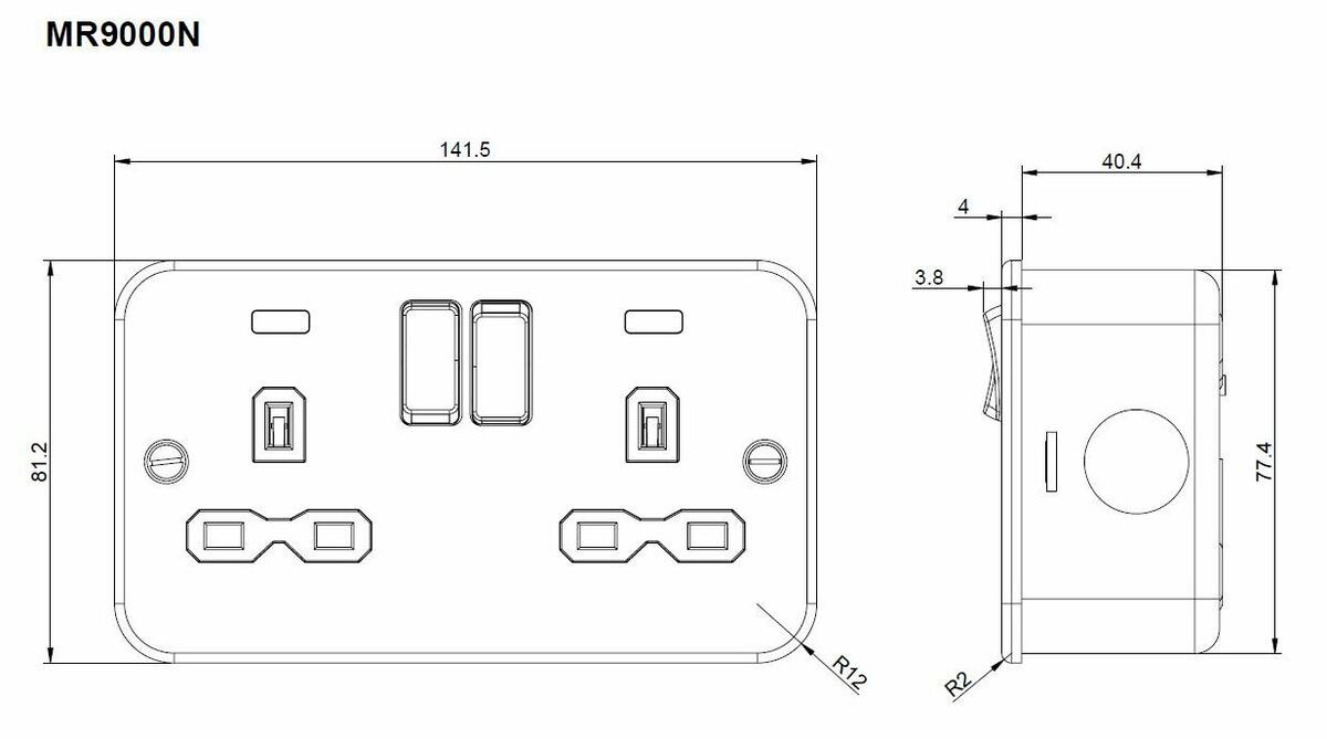 Metal Clad 13A 2G DP Switched Socket - Side View