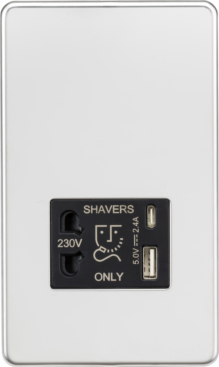 230V Shaver Socket with Dual USB A+C - Polished Chrome with Black Insert