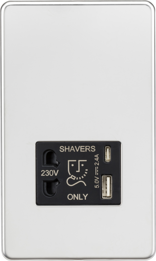 230V Shaver Socket with Dual USB A+C - Polished Chrome with Black Insert