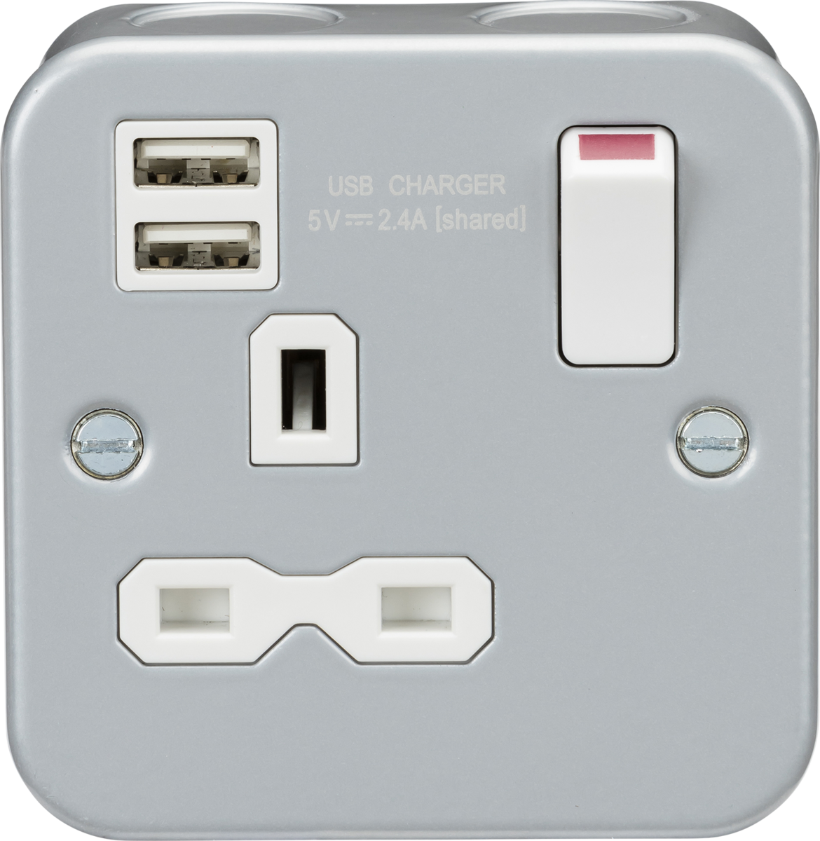 Metal Clad 13A 1G Switched Socket with Dual USB Charger - 230V