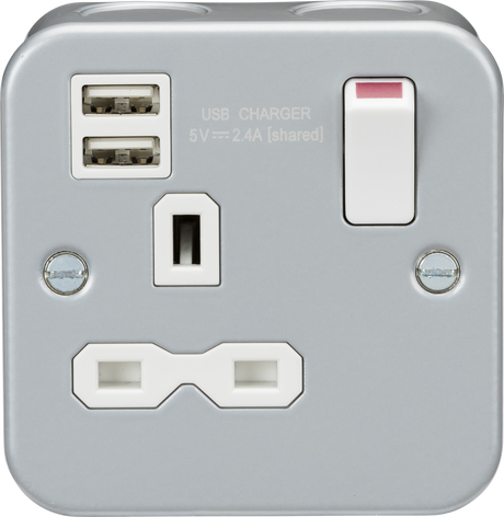 Metal Clad 13A 1G Switched Socket with Dual USB Charger - 230V