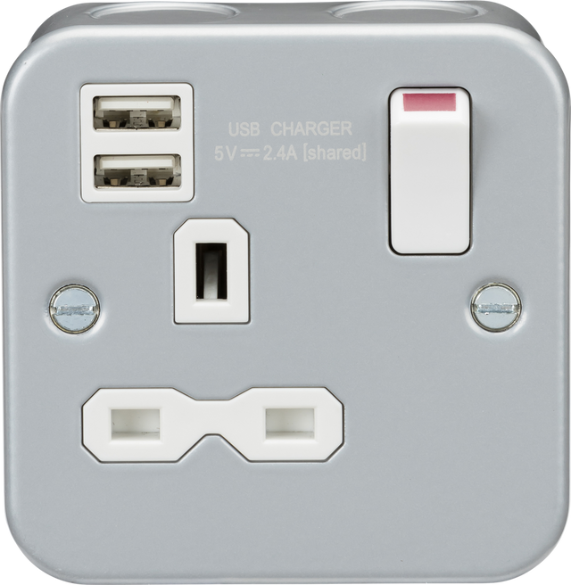 Metal Clad 13A 1G Switched Socket with Dual USB Charger - 230V