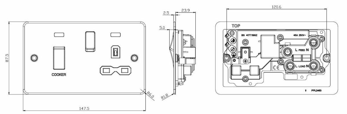 Alternative view of 45A DP Switch & 13A Socket - Brushed Chrome