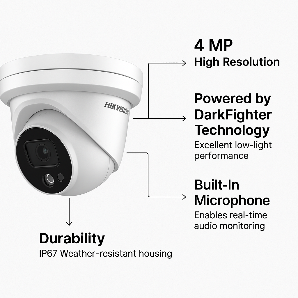 HikVision: DS-2CD2346G2-IU(4MM)(C), 4MP Darkfighter Turret Camera, Built-In Mic, 12V DC, PoE, Night Vision, IP67